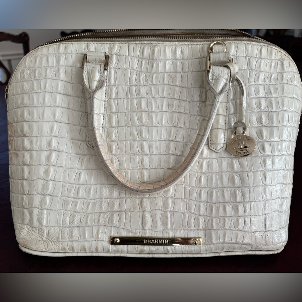 Brahmin White Croc-Embossed Satchel